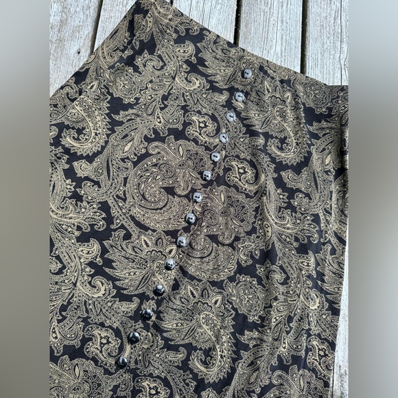 SOLD - Vtg 90s Slinky Material Black &Tan Paisley Skirt w/lots of buttons Size S - Picture 2 of 8